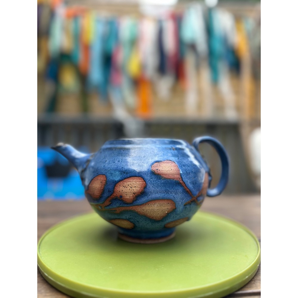 Handmade Ceramic Teapot Signed Studio Pottery Mystery Signature Cobalt Blue